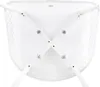 The underside of a white chair with an X-shaped metal support structure. Voir les images du produit