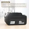 A black 18V lithium-ion battery with 6.0Ah capacity is shown on a wooden surface, with charging tips provided in text boxes above. Produktbild-Vorschau