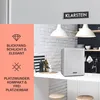 A mini refrigerator is shown on a kitchen counter, with promotional text and icons on the left side of the image. Produktbild-Vorschau