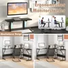 A collage of images showing a black L-shaped desk with a monitor stand, a desk chair, and illustrations of ergonomic posture. Anteprima dell’immagine prodotto