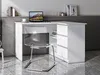 A modern white corner desk with a transparent chair in a home office setting. Produktbild-Vorschau