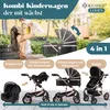 A mother holding her baby in front of a stroller, with different configurations of the stroller shown below. Produktbild-Vorschau