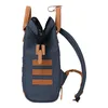 A side view of a blue backpack with brown leather accents. Produktbild-Vorschau