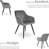 A collage of images showcasing a gray upholstered chair with black legs, accompanied by descriptive text highlighting its comfort and design. Produktbild-Vorschau