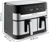 A dual-chamber air fryer with digital controls and dimensions indicated. Produktbild-Vorschau