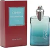 Roter Parfumkarton mit türkisfarbenem Etikett neben elegantem Glasflakon in Blauverlauf, Cartier Déclaration Essence Eau de Toilette. Produktbild-Vorschau