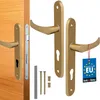 A set of gold-colored door handles and lock mechanisms are displayed against a white background, with a portion of a wooden door visible on the left. Produktbild-Vorschau