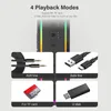 A collage of images showing different playback modes for a portable speaker, including AUX line, data line, TF card, and U disk. Produktbild-Vorschau