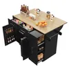 A black kitchen island with a wooden countertop, filled with various food items and bottles. Produktbild-Vorschau