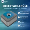 A 3D render of a stainless steel sink with overlay text and icons highlighting its features. Produktbild-Vorschau