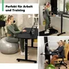 A collage of images showing a woman using a height-adjustable desk in different scenarios: working on a laptop while sitting on an exercise ball, standing on a treadmill at the desk, and working on a laptop while sitting in an office chair. Produktbild-Vorschau