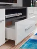 Close-up view of a modern entertainment center with an open drawer and a DVD player on a shelf. Produktbild-Vorschau
