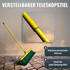 A yellow broom with a green brush head is shown leaning against a wall with a close-up inset of the adjustable handle. Produktbild-Vorschau