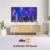 A television is displayed on a wall above a wooden media console, with sound wave graphics overlayed on the screen and in front of the TV. The bottom of the image features a logo and text. Produktbild-Vorschau