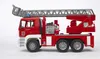 A side view of a red Bruder MAN fire engine toy with a ladder extended. Náhled obrázku produktu