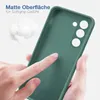 A hand touching a green phone case, with text describing its matte surface and soft grip. Produktbild-Vorschau