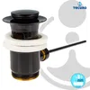 A black pop-up drain assembly for a sink, with white rubber seals and a black lever. Produktbild-Vorschau