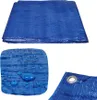 A collage of images showing a blue tarp, a close-up of water droplets on a blue tarp, and a close-up of a grommet on a blue tarp. Produktbild-Vorschau