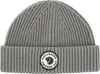 A close-up studio shot of a grey knitted beanie.