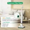A vacuum cleaner is shown in a bedroom setting with text overlays describing its features. Produktbild-Vorschau