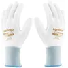 A pair of white work gloves with blue and gray cuffs, displayed against a white background. Produktbild-Vorschau