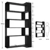 A black wooden corner bookshelf with dimensions indicated by measurement lines and text. Voir les images du produit