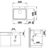Technical drawing of a sink with dimensions and installation details. Náhled obrázku produktu