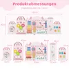 A size chart showing different configurations and dimensions of a pink and white wooden activity wall toy for toddlers. Produktbild-Vorschau
