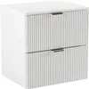 A white two-drawer vanity unit with fluted fronts and gold handles, shown against a white background. Produktbild-Vorschau