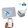 A white programmable thermostat, a white receiver unit, and a smartphone displaying a thermostat app are shown against a white background. Produktbild-Vorschau