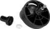 A black plastic wheel assembly with a silver metal shaft and a separate black plastic component and a white plastic clip, all on a white background. Produktbild-Vorschau
