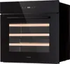 A black built-in wine cooler with a glass door and wooden shelves. Produktbild-Vorschau