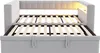 A light gray upholstered daybed with a pull-out trundle bed is shown from the front, with the trundle extended. The headboard has integrated LED lighting. Produktbild-Vorschau