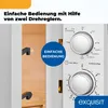 A close-up view of a white microwave oven's control panel and interior, with marketing text overlays. Produktbild-Vorschau