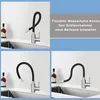 A collage of images showing a flexible kitchen faucet in different positions, with text overlay describing its features. Produktbild-Vorschau
