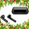 Black wireless earbuds and their charging case are displayed against a white background, framed by a festive Christmas garland with ornaments. Produktbild-Vorschau
