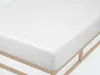 A white fitted sheet is shown on a light wood bed frame against a white background. Produktbild-Vorschau