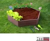 A hexagonal raised garden bed filled with soil and plants, set on a grassy lawn with gardening tools nearby. Produktbild-Vorschau