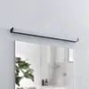 A black LED bathroom wall light is mounted above a mirror on a textured white wall. Produktbild-Vorschau