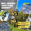 A collage of images showcasing a blue pop-up pavilion and its features, set against a backdrop of a house and garden. Voir les images du produit
