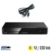 A black Panasonic Blu-ray player is shown with a car charger adapter and power cord. Text overlays indicate features and specifications. Produktbild-Vorschau
