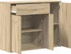 A wooden sideboard with one drawer and two doors, showing its interior shelves. Anteprima dell’immagine prodotto