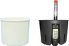 Two plant pots are shown side-by-side against a white background. The pot on the left is a plain white inner pot. The pot on the right is a dark brown self-watering planter with a water level indicator. Produktbild-Vorschau
