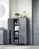 A gray bathroom cabinet with its doors open, displaying various items inside, set against a tiled wall. Produktbild-Vorschau