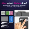 A collage of images showing a screen protector kit and a hand applying a screen protector to a phone camera lens. Produktbild-Vorschau
