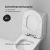A close-up view of a white toilet seat with the lid open, showcasing its features. Produktbild-Vorschau