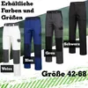 Four pairs of work pants displayed side-by-side, each in a different color, with text labels indicating the colors and sizes. Produktbild-Vorschau