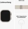 A product shot of an Apple Watch Ultra with its accessories, including the Alpine Loop band and a magnetic charging cable. Produktbild-Vorschau