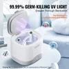 A white and gray ultrasonic cleaner with UV light technology, featuring illustrations of bacteria and viruses, and text promoting germ-killing properties. Podgląd zdjęcia produktu
