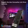 A remote control is held in front of a TV screen, with sound waves emanating from a silhouette of a mouth towards the remote, suggesting voice control. The Google Assistant logo is visible in the bottom left corner. Produktbild-Vorschau